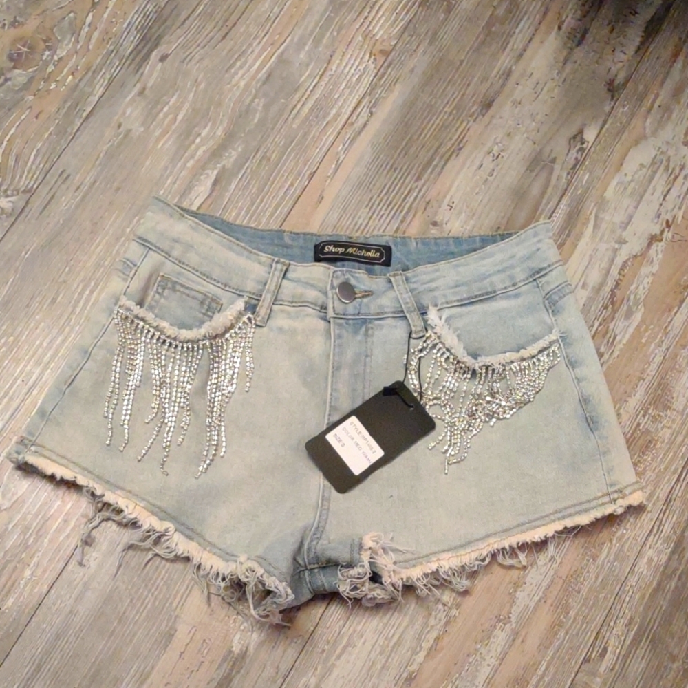 Nwt Michella Shorts Light Blue Denim Shorts with Fringe, Size Small